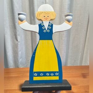VTG Handmade in Sweden Double Candle Holder Doll Woman Paint Wood Ajatra Uppsala